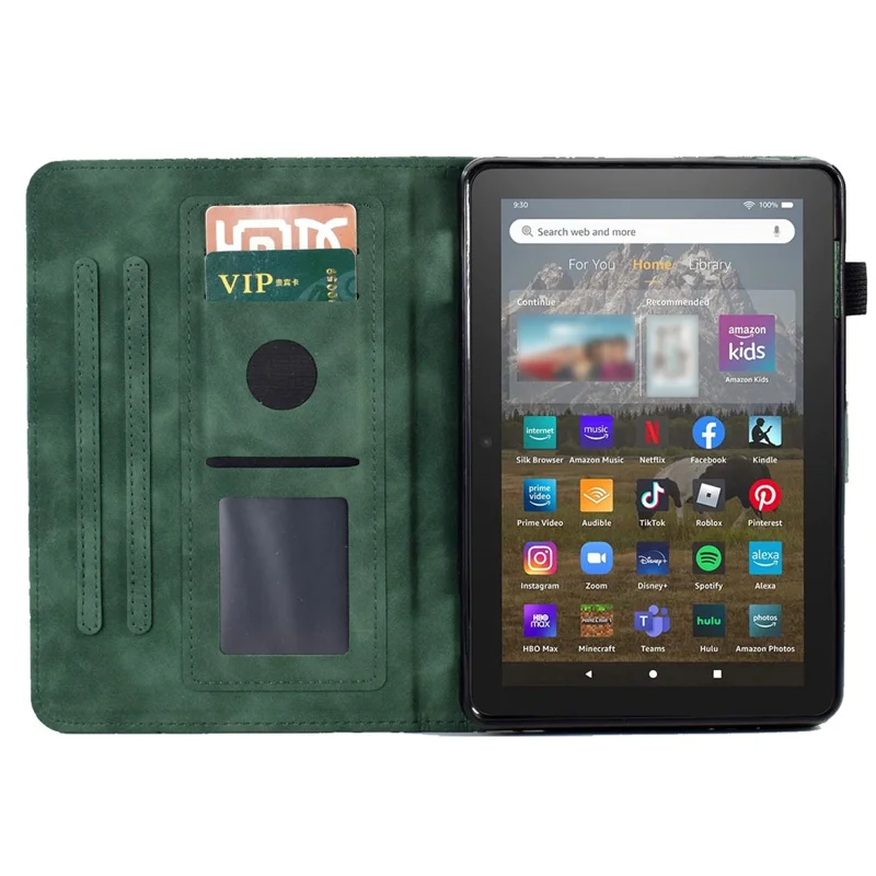 For Amazon Fire HD 8 (2020) / (2022) / HD 8 Plus (2020) / (2022) Card Holder Tablet Case Stand Imprinted Tree Leather Cover - Green