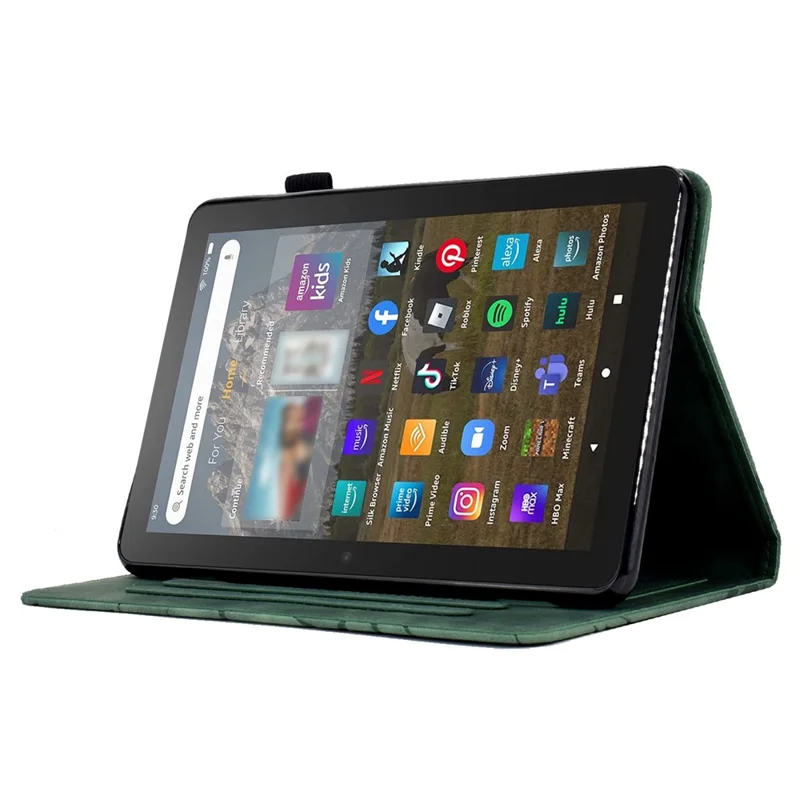 For Amazon Fire HD 8 (2020) / (2022) / HD 8 Plus (2020) / (2022) Card Holder Tablet Case Stand Imprinted Tree Leather Cover - Green