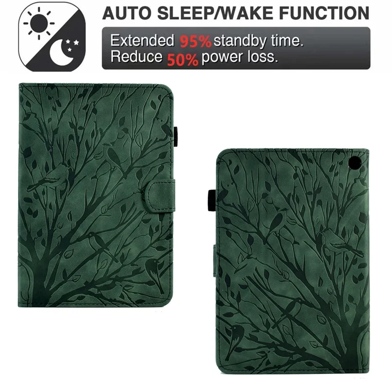 For Amazon Fire HD 8 (2020) / (2022) / HD 8 Plus (2020) / (2022) Card Holder Tablet Case Stand Imprinted Tree Leather Cover - Green