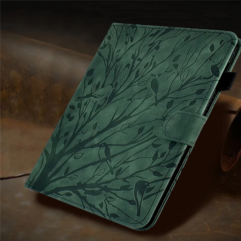 For Amazon Fire HD 8 (2020) / (2022) / HD 8 Plus (2020) / (2022) Card Holder Tablet Case Stand Imprinted Tree Leather Cover - Green