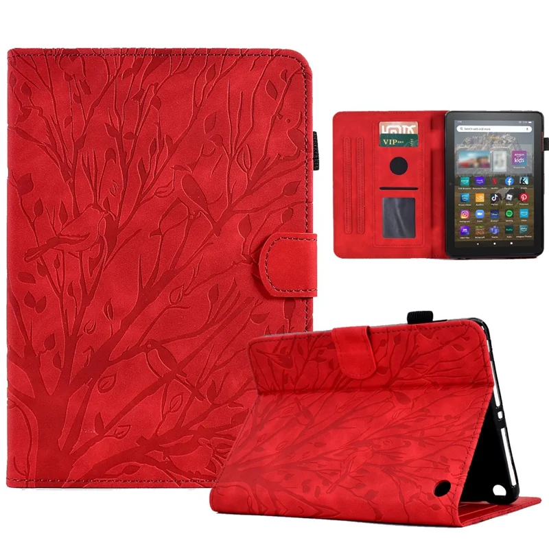 For Amazon Fire HD 8 (2020) / (2022) / HD 8 Plus (2020) / (2022) Card Holder Tablet Case Stand Imprinted Tree Leather Cover - Red