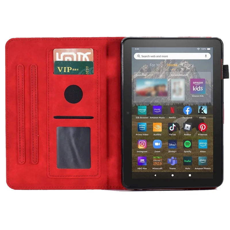 For Amazon Fire HD 8 (2020) / (2022) / HD 8 Plus (2020) / (2022) Card Holder Tablet Case Stand Imprinted Tree Leather Cover - Red