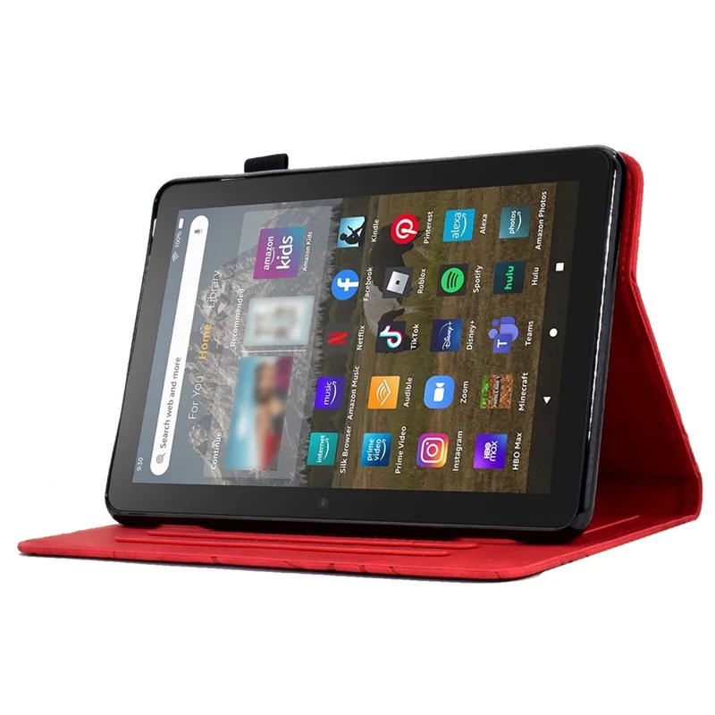 For Amazon Fire HD 8 (2020) / (2022) / HD 8 Plus (2020) / (2022) Card Holder Tablet Case Stand Imprinted Tree Leather Cover - Red