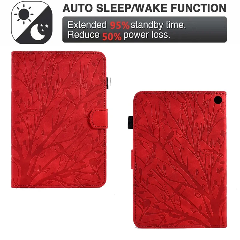 For Amazon Fire HD 8 (2020) / (2022) / HD 8 Plus (2020) / (2022) Card Holder Tablet Case Stand Imprinted Tree Leather Cover - Red