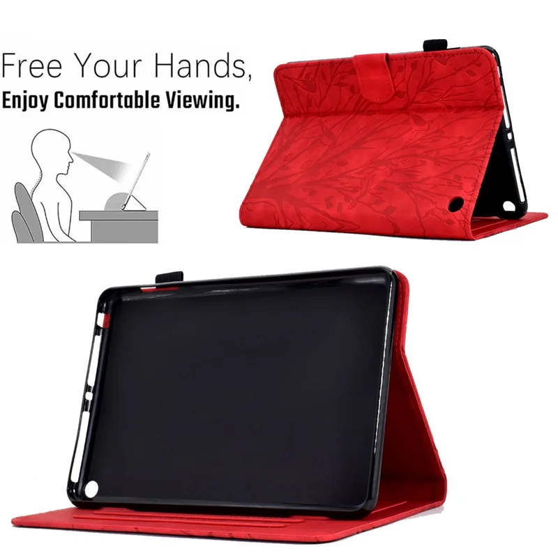For Amazon Fire HD 8 (2020) / (2022) / HD 8 Plus (2020) / (2022) Card Holder Tablet Case Stand Imprinted Tree Leather Cover - Red