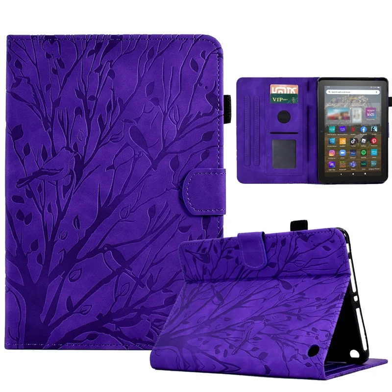 For Amazon Fire HD 8 (2020) / (2022) / HD 8 Plus (2020) / (2022) Card Holder Tablet Case Stand Imprinted Tree Leather Cover - Purple
