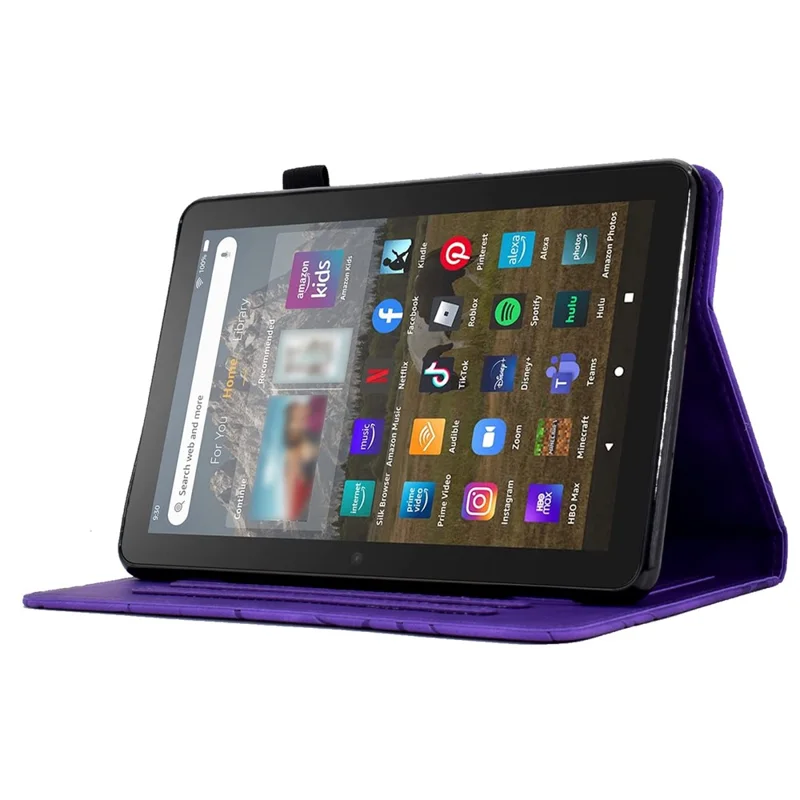 For Amazon Fire HD 8 (2020) / (2022) / HD 8 Plus (2020) / (2022) Card Holder Tablet Case Stand Imprinted Tree Leather Cover - Purple