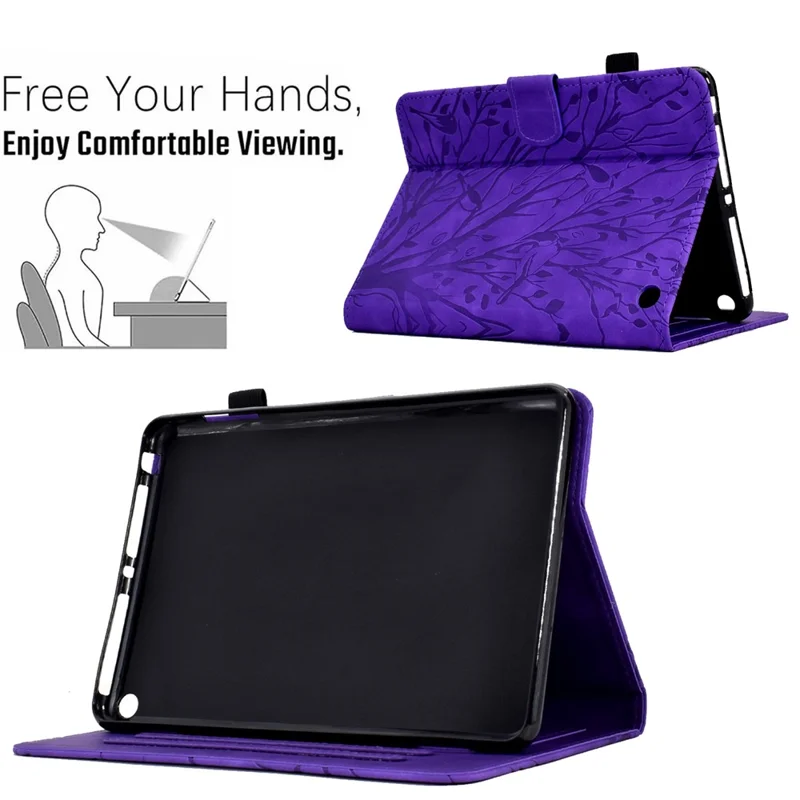 For Amazon Fire HD 8 (2020) / (2022) / HD 8 Plus (2020) / (2022) Card Holder Tablet Case Stand Imprinted Tree Leather Cover - Purple