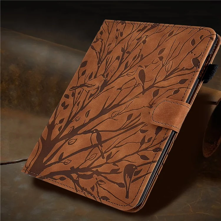 For Samsung Galaxy Tab A7 10.4 (2020) / (2022) T505 T500 Stand Leather Tablet Case Card Holder Imprinted Tree Tablet Cover - Brown