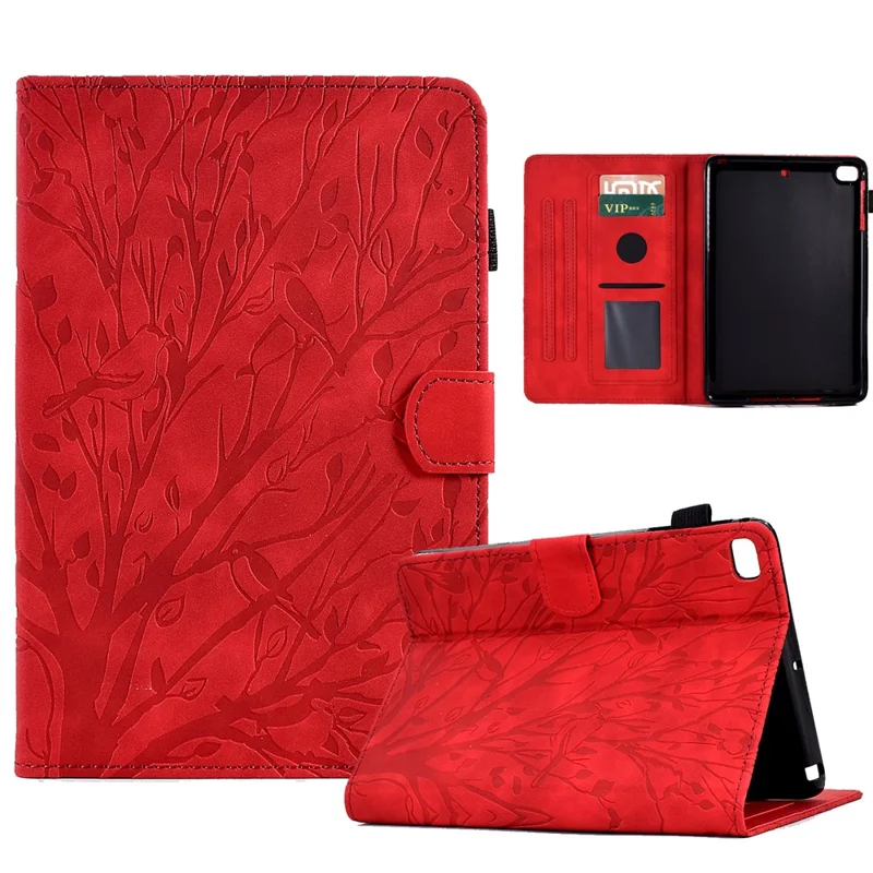 For iPad Air (2013) / Air 2 / iPad 9.7-inch (2017) / (2018) Tablet Leather Case Stand Card Holder Imprinted Tree Cover - Red