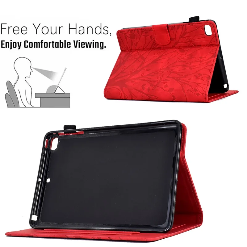 For iPad Air (2013) / Air 2 / iPad 9.7-inch (2017) / (2018) Tablet Leather Case Stand Card Holder Imprinted Tree Cover - Red
