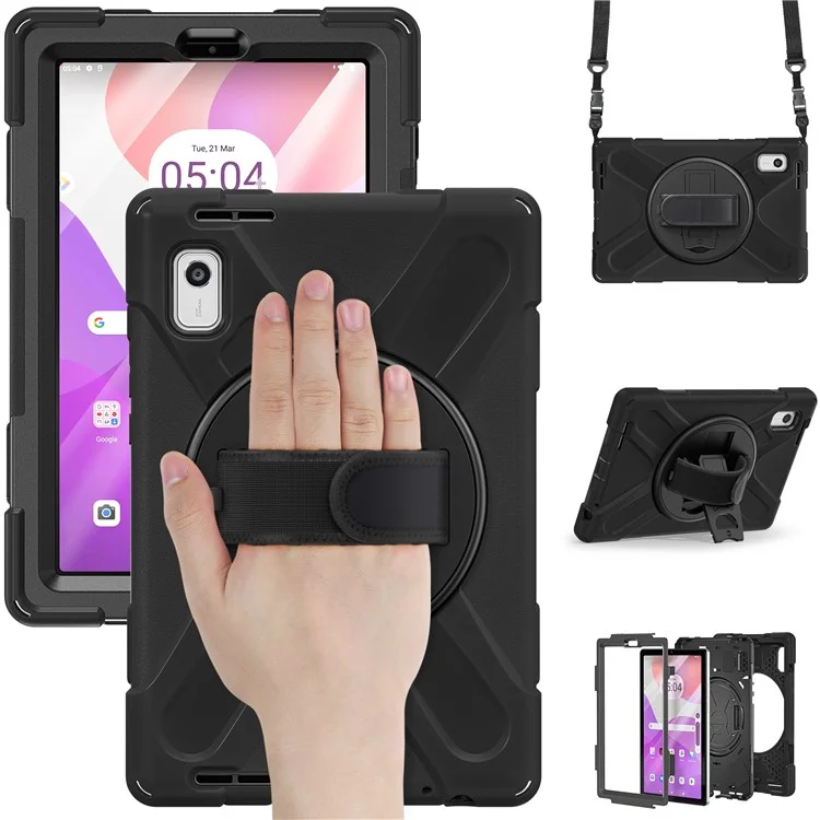 Для Lenovo Tab M9 TB-310FU Kickstand Tablet Case PC+Silicone Protective Cover с ремешком на руку / ремень на плечо - Черный
