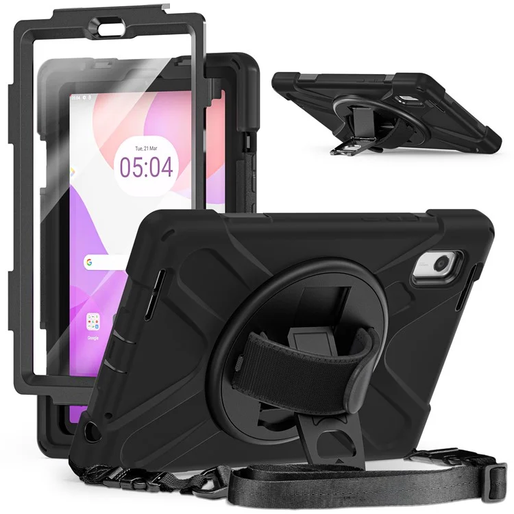 Для Lenovo Tab M9 TB-310FU Kickstand Tablet Case PC+Silicone Protective Cover с ремешком на руку / ремень на плечо - Черный
