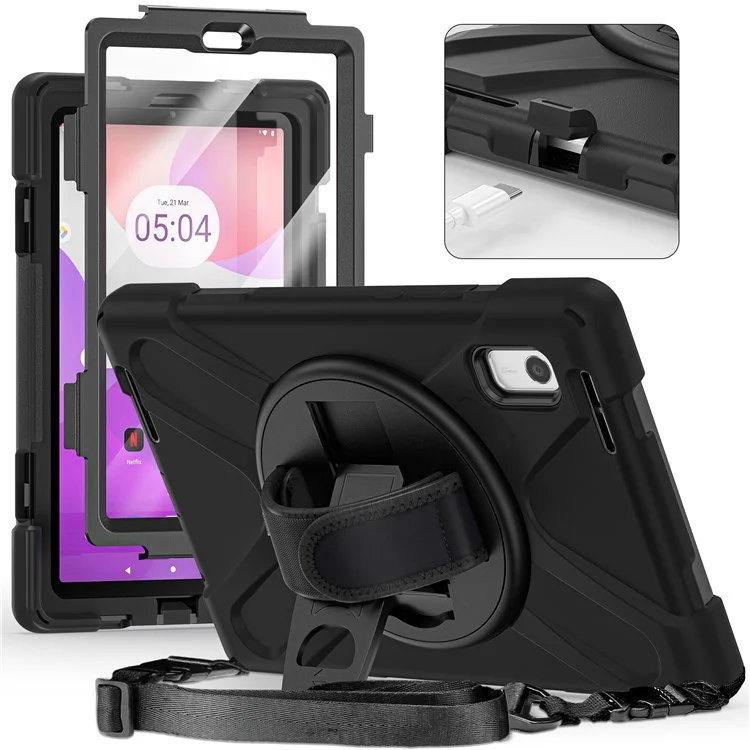 For Lenovo Tab M9 TB-310FU Kickstand Tablet Case PC+Silicone Protective Cover with Hand Strap / Shoulder Strap - Black