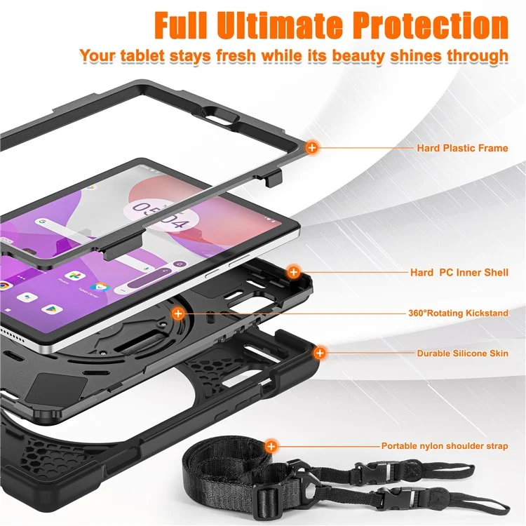 Для Lenovo Tab M9 TB-310FU Kickstand Tablet Case PC+Silicone Protective Cover с ремешком на руку / ремень на плечо - Черный