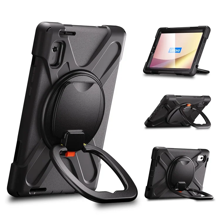 Para Lenovo Tab M9 TB-310FU (2023) Case de Pata Giratoria de 360 ​​grados PC Silicona Cubierta Con Correa de Mano - Negro