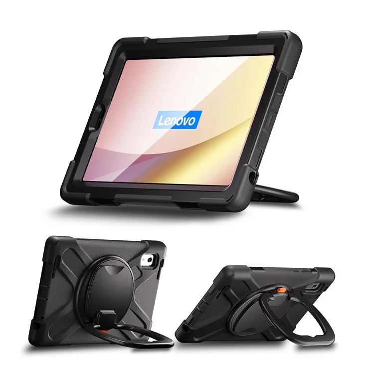 Para Lenovo Tab M9 TB-310FU (2023) Case de Pata Giratoria de 360 ​​grados PC Silicona Cubierta Con Correa de Mano - Negro