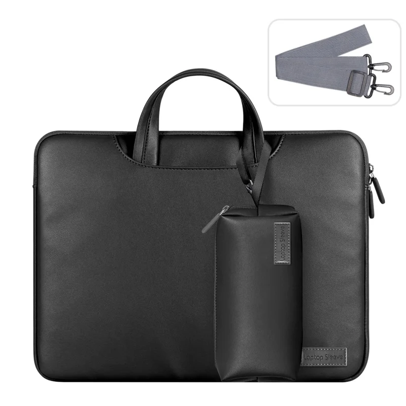 PU Leather Carrying Bag for 15-inch Laptops Shockproof Portable Notebook Sleeve Bag with Small Bag - Black