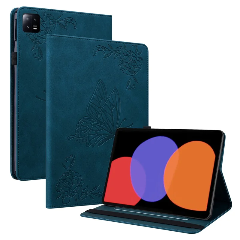 Tablet-Hülle für Xiaomi Pad 6 Auto Wake and Sleep Stand Leder Imprinted Butterfly Flower Card Holder Cover - Blau