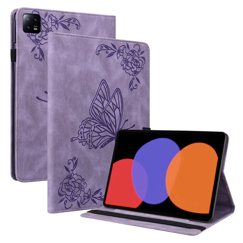 Tablet Case for Xiaomi Pad 6 Auto Wake and Sleep Stand Leather Imprinted Butterfly Flower Card Holder Cover - Purple