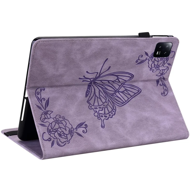 Tablet Case for Xiaomi Pad 6 Auto Wake and Sleep Stand Leather Imprinted Butterfly Flower Card Holder Cover - Purple