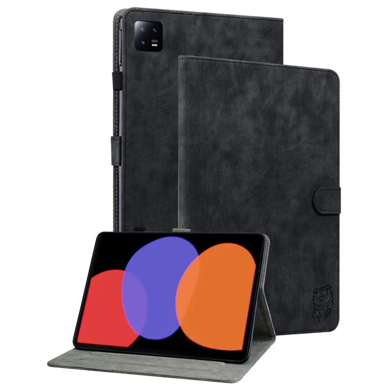 For Xiaomi Pad 6 Auto Wake and Sleep Cute Tiger Pattern PU Leather Tablet Case Card Holder Stand Cover - Black