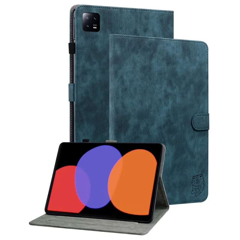 For Xiaomi Pad 6 Auto Wake and Sleep Cute Tiger Pattern PU Leather Tablet Case Card Holder Stand Cover - Dark Blue