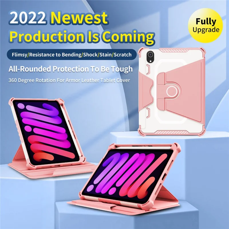 For iPad mini (2024) / mini (2021) Tablet Case 360-Degree Rotation Armor Leather Stand Tablet Cover with Auto Wake / Sleep - Pink