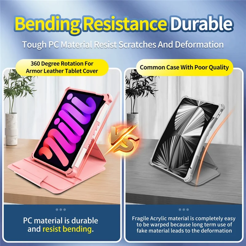 For iPad mini (2024) / mini (2021) Tablet Case 360-Degree Rotation Armor Leather Stand Tablet Cover with Auto Wake / Sleep - Pink
