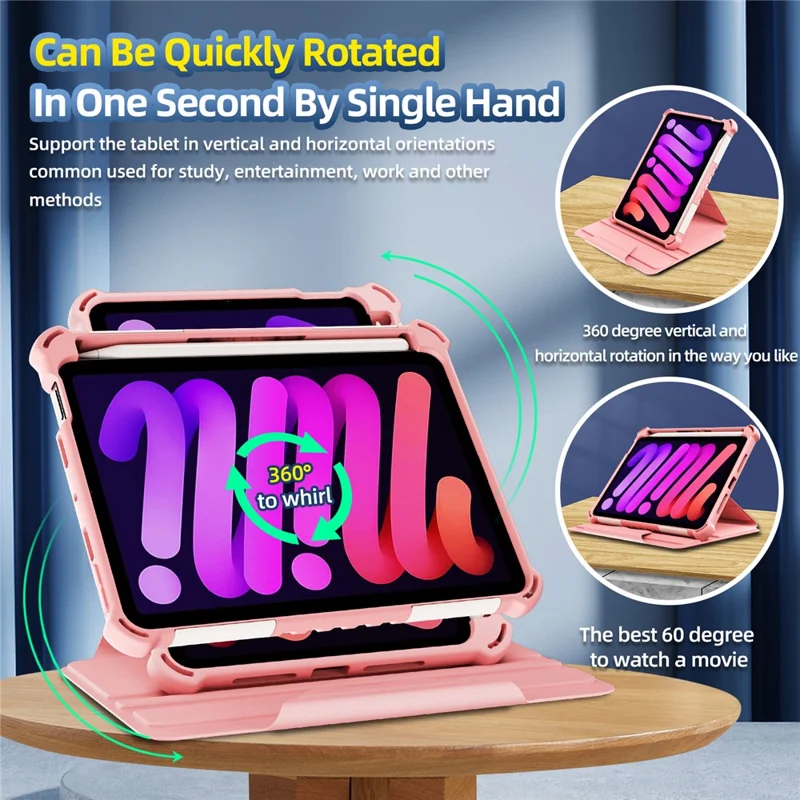 For iPad mini (2024) / mini (2021) Tablet Case 360-Degree Rotation Armor Leather Stand Tablet Cover with Auto Wake / Sleep - Pink