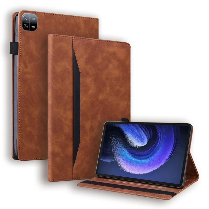 For Xiaomi Pad 6 Business Stand Wallet Case PU Leather Tablet Cover with Pencil Holder Loop - Brown