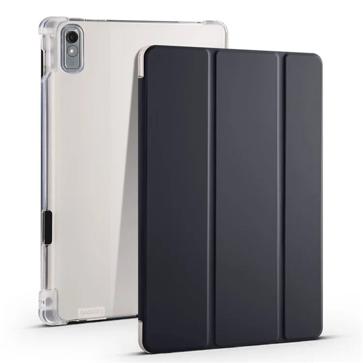 Para Lenovo Tab P11 Gen 2 Tri-Fold Stand Case PU Leather Transparent Back Tablet Cover with Pencil Slot - Negro