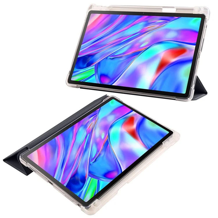 Para Lenovo Tab P11 Gen 2 Tri-Fold Stand Case PU Leather Transparent Back Tablet Cover with Pencil Slot - Negro