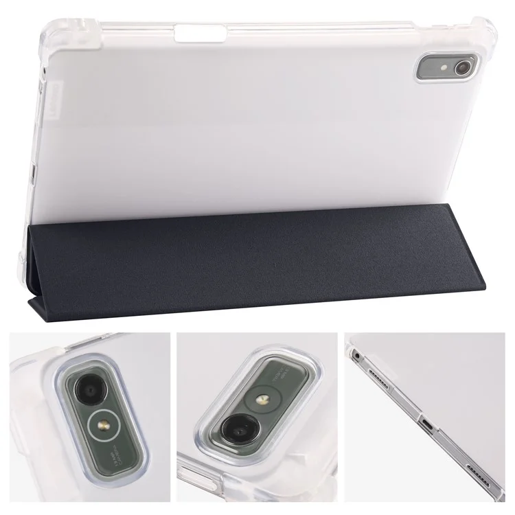 Para Lenovo Tab P11 Gen 2 Tri-Fold Stand Case PU Leather Transparent Back Tablet Cover with Pencil Slot - Negro