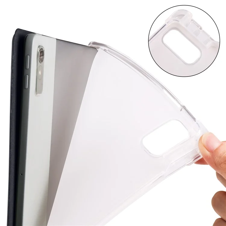 Para Lenovo Tab P11 Gen 2 Tri-Fold Stand Case PU Leather Transparent Back Tablet Cover with Pencil Slot - Negro