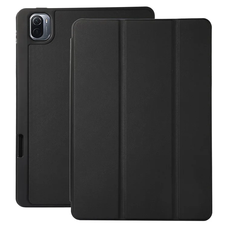 Para Xiaomi Pad 5 / Pad 5 Pro Tri-Fold Stand Tablet Case Cor Sólida Capa de Couro PU com Compartimento para Lápis - Preto