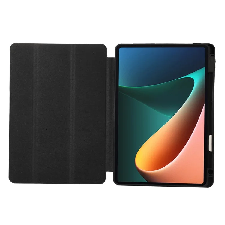 Para Xiaomi Pad 5 / Pad 5 Pro Tri-Fold Stand Tablet Case Cor Sólida Capa de Couro PU com Compartimento para Lápis - Preto