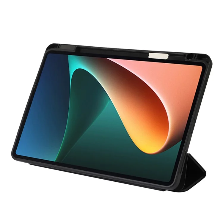 Para Xiaomi Pad 5 / Pad 5 Pro Tri-Fold Stand Tablet Case Cor Sólida Capa de Couro PU com Compartimento para Lápis - Preto