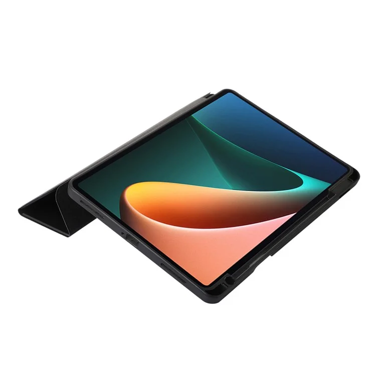 Para Xiaomi Pad 5 / Pad 5 Pro Tri-Fold Stand Tablet Case Cor Sólida Capa de Couro PU com Compartimento para Lápis - Preto