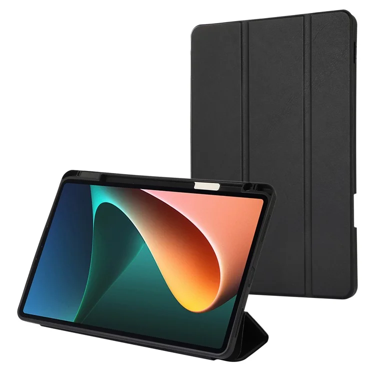 Para Xiaomi Pad 5 / Pad 5 Pro Tri-Fold Stand Tablet Case Cor Sólida Capa de Couro PU com Compartimento para Lápis - Preto