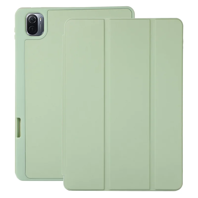 For Xiaomi Pad 5 / Pad 5 Pro Tri-Fold Stand Tablet Case Solid Color PU Leather Cover with Pencil Slot - Green