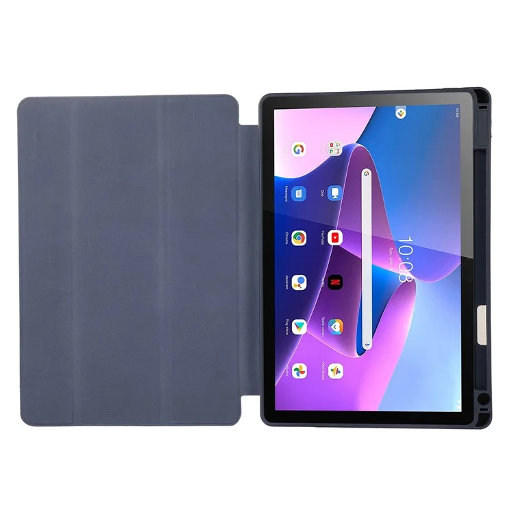 Étui de support pliant à trois volets pour Lenovo Tab M10 Plus (3e génération) / Xiaoxin Pad 2022 de 10,6 pouces, étui de tablette en cuir PU de couleur unie avec porte-stylet - bleu
