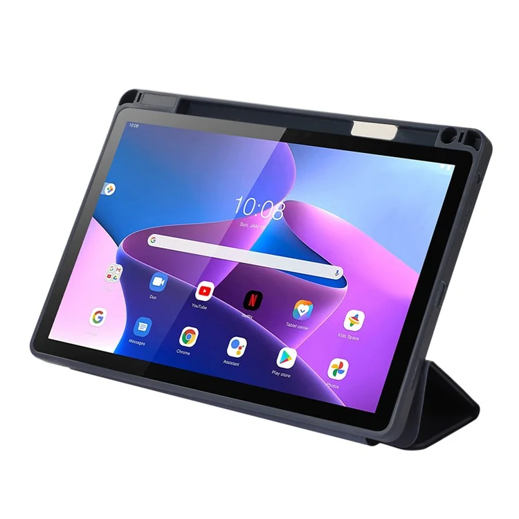 Étui de support pliant à trois volets pour Lenovo Tab M10 Plus (3e génération) / Xiaoxin Pad 2022 de 10,6 pouces, étui de tablette en cuir PU de couleur unie avec porte-stylet - bleu