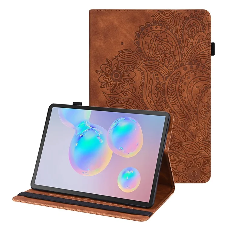 For Samsung Galaxy Tab S6 PU Leather Tablet Case Flower Imprinting Cover with Stand Card Holder - Brown