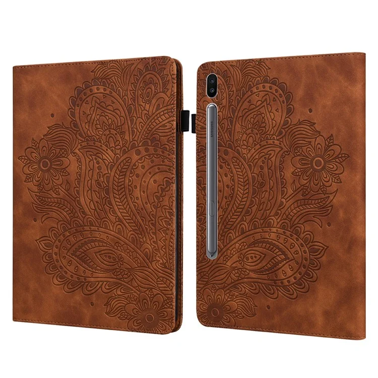 For Samsung Galaxy Tab S6 PU Leather Tablet Case Flower Imprinting Cover with Stand Card Holder - Brown