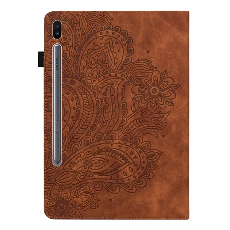 For Samsung Galaxy Tab S6 PU Leather Tablet Case Flower Imprinting Cover with Stand Card Holder - Brown