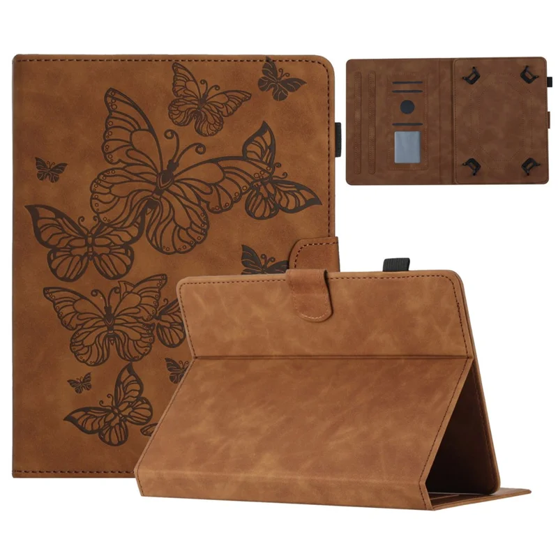Butterfly Imprinted Stand Case for 10-inch Tablet, Card Holder PU Leather Tablet Cover - Brown