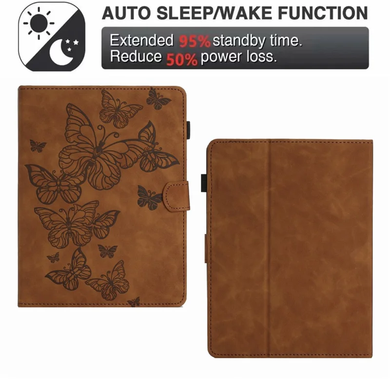 Butterfly Imprinted Stand Case for 10-inch Tablet, Card Holder PU Leather Tablet Cover - Brown