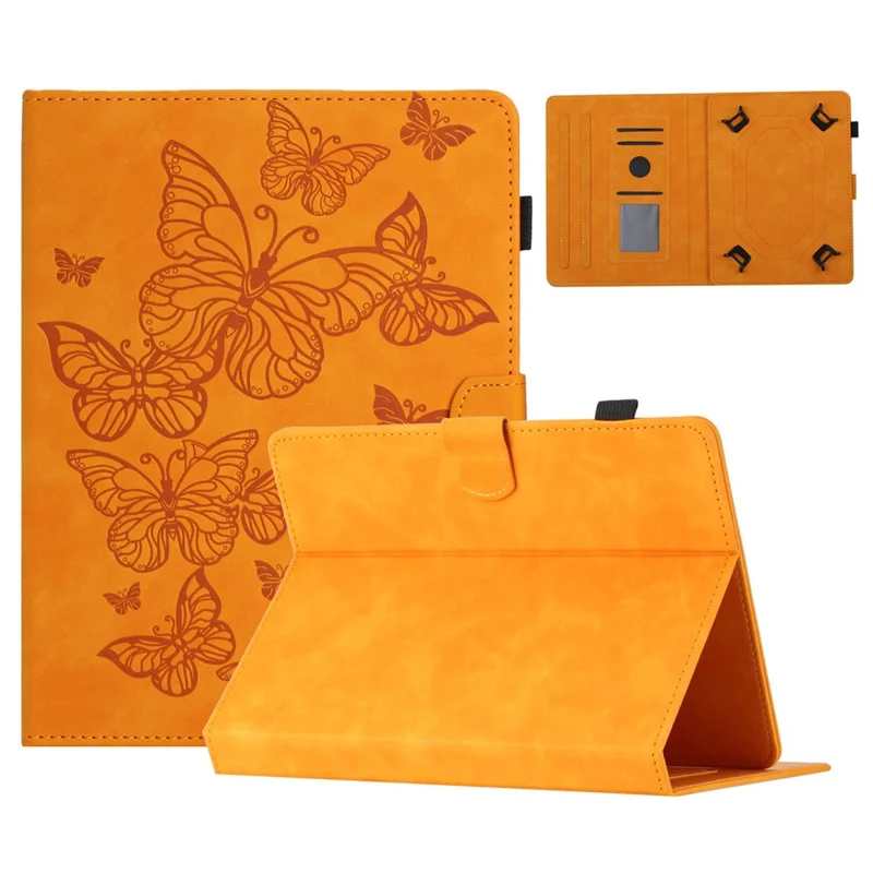 Butterfly Imprinted Stand Case for 10-inch Tablet, Card Holder PU Leather Tablet Cover - Yellow