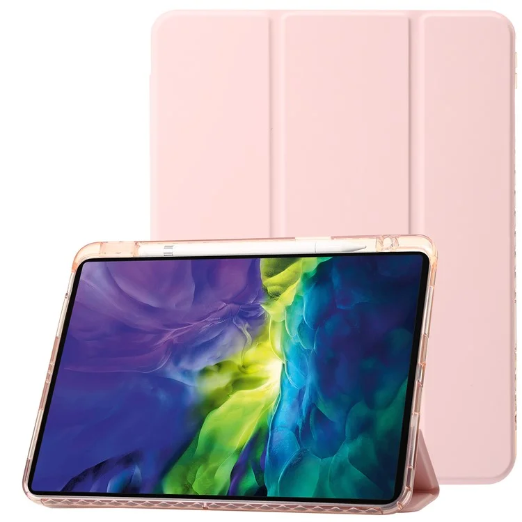 Für iPad Pro 12,9 Zoll (2018) / (2020) / (2021) / (2022) Trifold-Ständer-Tablet-Hülle aus PU-Leder + transparenter Acrylschale - Pink